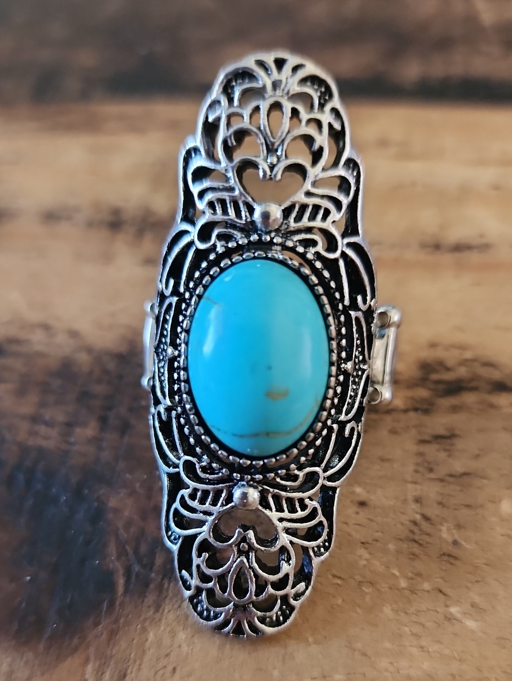 Turquoise Oval Stone Silver Filigree Statement Ring - Women Jewelry